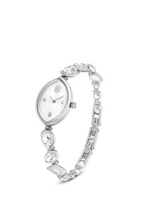 Silberne Metallarmbanduhr mit ovalem Zifferblatt, weißem strukturiertem Zifferblatt und einem Armband mit verschiedenen transparenten Edelsteinen.