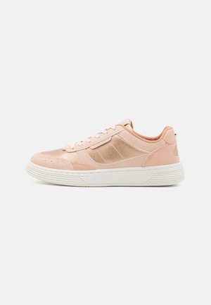 Light pink sneaker made of smooth and textured materials, featuring white rubber sole, lace-up design, and side stripe accents.