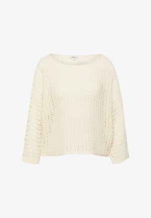 Pull à manches longues couleur crème, tricot ajouré, col rond et coupe décontractée.