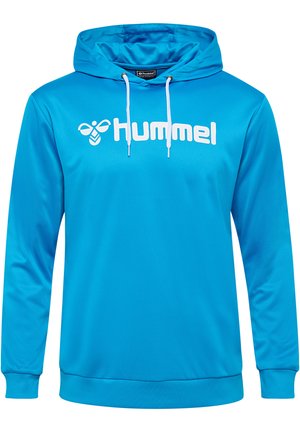 Sweat à capuche bleu à manches longues, avec un cordon de serrage réglable et un logo blanc sur la poitrine. Fabriqué dans un matériau lisse et léger.