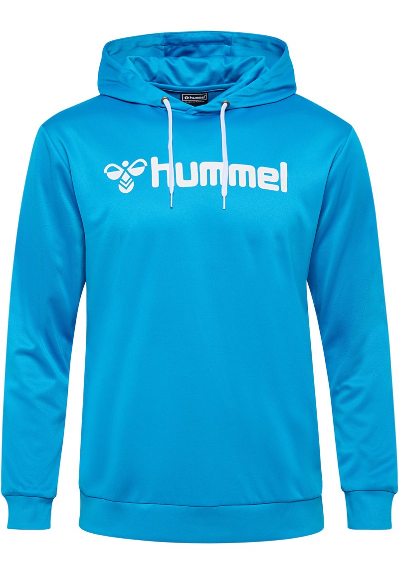 Blå hoodie med långa ärmar, justerbar dragsko på huven och en vit logotyp på bröstet. Tillverkad av ett mjukt och lättmaterial.