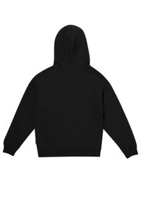 Felpa nera con cappuccio, caratterizzata da un design semplice, polsini aderenti e un materiale morbido e textured. Nessun logo o motivo visibile.