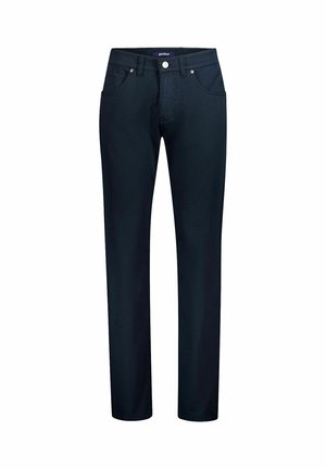 Dunkelblaue Jeans mit geradem Bein, vorderen Taschen, Gürtelschlaufen und Knopfverschluss an der Taille.