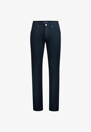 Dunkelblaue Jeans mit geradem Bein, vorderen Taschen, Gürtelschlaufen und Knopfverschluss an der Taille.