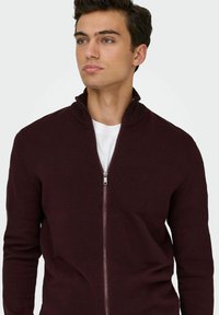 Burgundska zip-jakna z textured vzorom, rebrastim ovratnikom in dolgimi rokavi. Oblikovana z vodoravnimi črtami po telesu.
