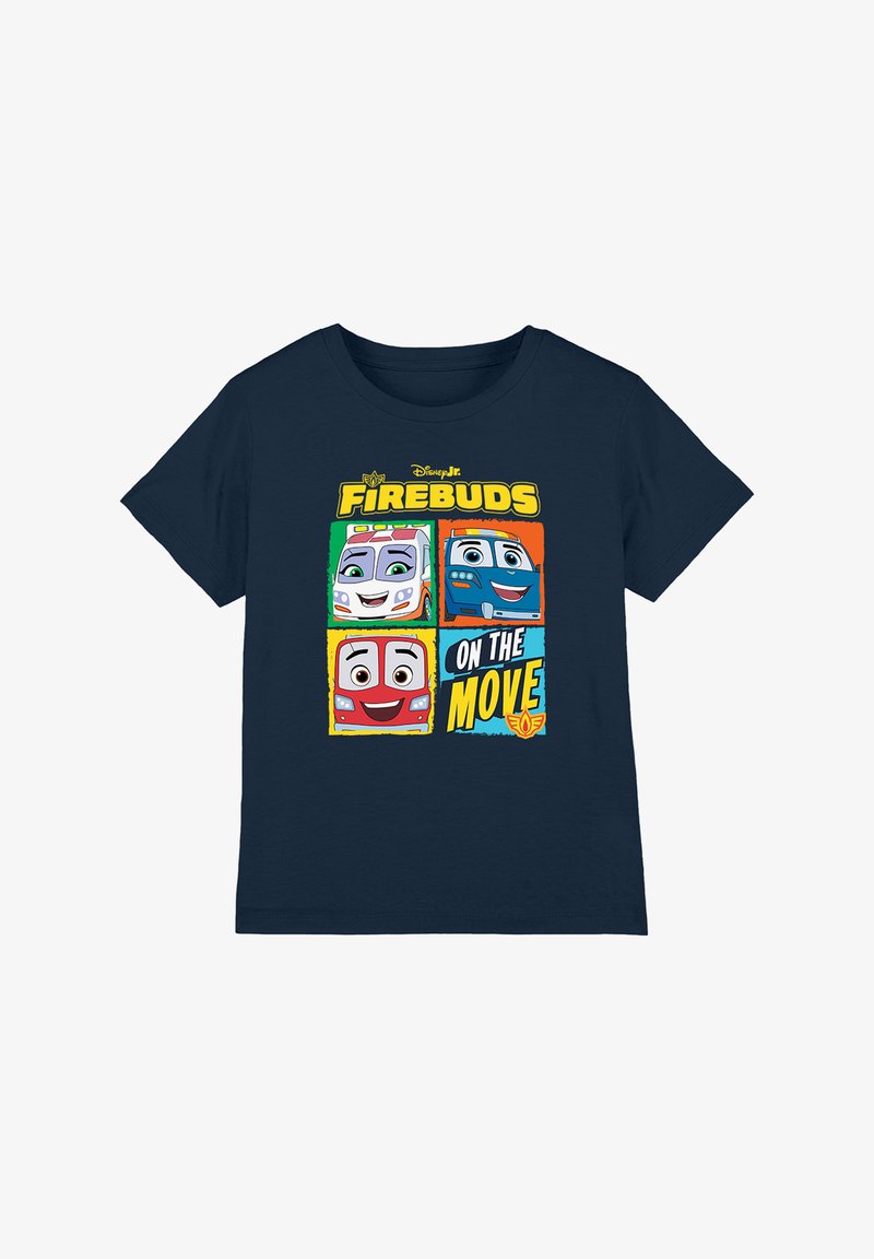 Navy blue T-shirt with colorful Firebuds characters' faces in blocks and text "Firebuds On The Move" on front.