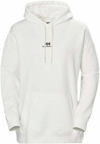 Witte hoodie met een voorste kangaroozak, een capuchon met trekkoord en een logo op de borst gedrukt. Gemaakt van zacht, geweven katoen.
