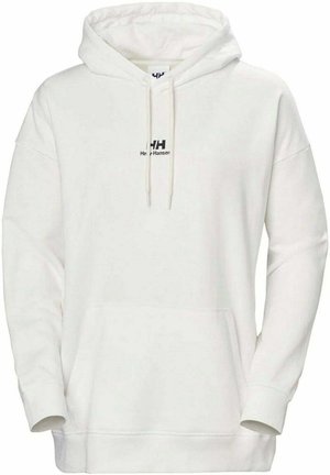 Bílá mikina s klokaní kapsou vpředu, kapucí se stahovací šňůrkou a logem potisknutým na hrudi. Vyrobena z měkké, texturované bavlny.