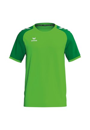 Maglietta sportiva verde a maniche corte con spalle verde scuro e logo Erima sul petto sinistro.