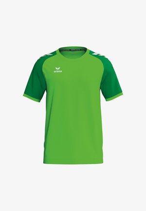 Maglietta sportiva verde a maniche corte con spalle verde scuro e logo Erima sul petto sinistro.