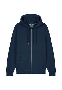 Felpa con zip di colore navy realizzata in tessuto morbido, dotata di cappuccio con cordino, tasche frontali e polsini a coste per un look aderente.