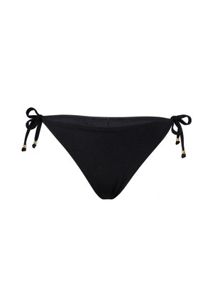 Slip da bikini nero con laccetti laterali e piccoli dettagli in perline dorate su sfondo bianco.