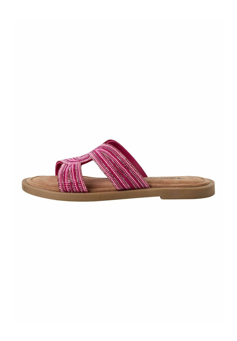 Sandalo slide intrecciato rosa con due fasce larghe, caratterizzato da una superficie texturizzata. La suola in gomma marrone offre contrasto e durabilità.