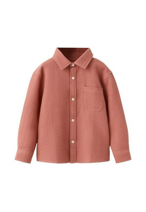 Herrenhemd mit langen Ärmeln und Knopfleiste aus strukturiertem, staubrosafarbenem Stoff mit Kragen und einer Brusttasche.