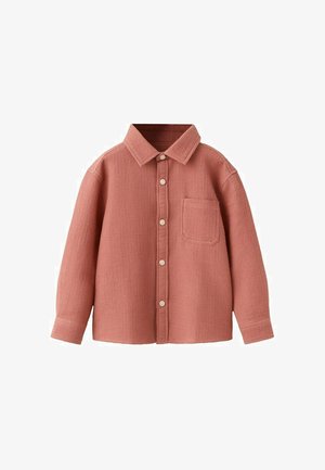 Cămașă pentru bărbați cu mâneci lungi, cu nasturi, din țesătură texturată de culoare roz prăfuit, cu guler și buzunar simplu la piept.