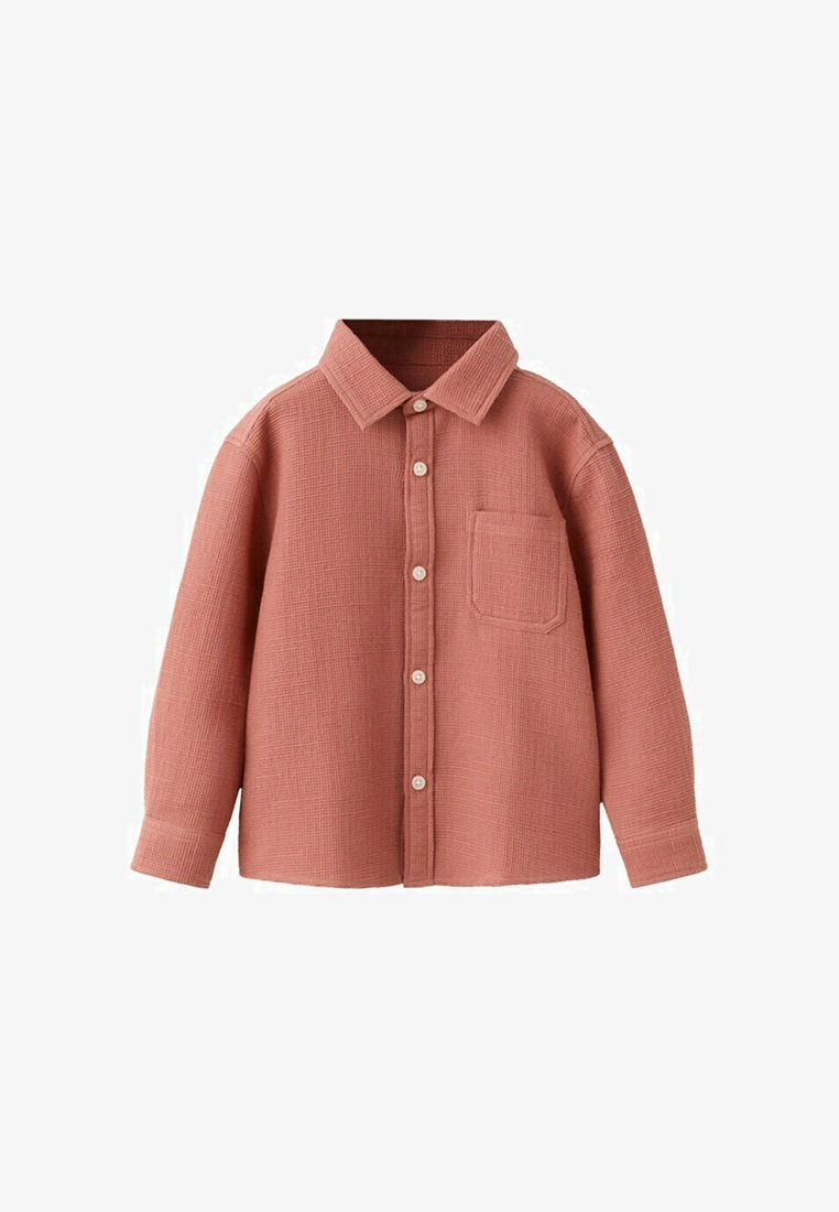 Herenoverhemd met lange mouwen, knoopsluiting, gemaakt van textuurstof in stoffig roze, voorzien van een kraag en een enkele borstzak.
