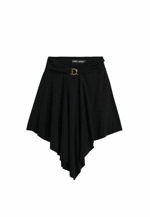 Mustast asümmeetrisest seelik drapeeritud disainiga, millel on liibuv vöökoht ja kuldse tooniga D-kujulise pandlaga aksessuaar. Valmistatud pehmest kangast.