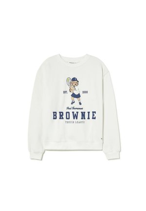 Sudadera blanca con un perro de dibujos animados vestido para tenis sosteniendo una raqueta, texto "Est. 2006," "Torneo Final" y "Liga de Tenis BROWNIE."