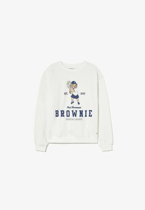 Sweatshirt blanc avec un chien de dessin animé en tenue de tennis tenant une raquette, texte "Est. 2006," "Tournoi final," et "Ligue de tennis BROWNIE."