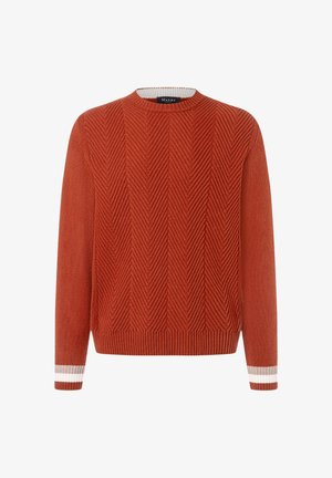 Sweter z dzianiny w kolorze rdzawego pomarańczu z teksturą jodełki z przodu, ściągaczem na dole i mankietach z białymi paskami oraz okrągłym dekoltem.