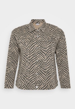 Denim jakna s črtami, v bež in črni barvi. Ima sprednje zapiranje na gumbe, dva žepa na prsih, dolge rokave in teksturirano tkanino.