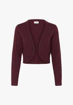 Bordo kardigan z dolgimi rokavi, odprtim sprednjim delom, mehkega otipa in ukrivljenim robom, izdelan iz lahkega pletenega materiala.