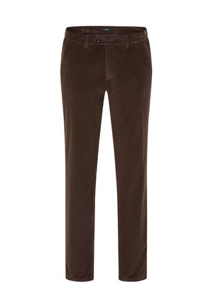 Braune Cordhosen mit slim fit, geradem Bein, vorderem Knopfverschluss und minimalistischem Design ohne sichtbare Muster.