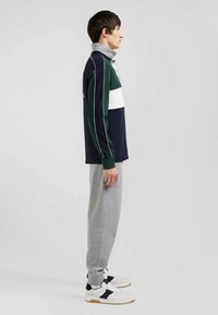 Chemise à rayures bleu marine et verte à manches longues avec un col gris, associée à un pantalon de jogging gris et des baskets blanches avec des accents noirs.