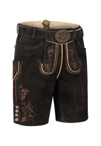 Lederhosen marroni scuri in suede, con ricami decorativi, una cintura larga con fibbia rotonda e dettagli con bottoni ai lati.