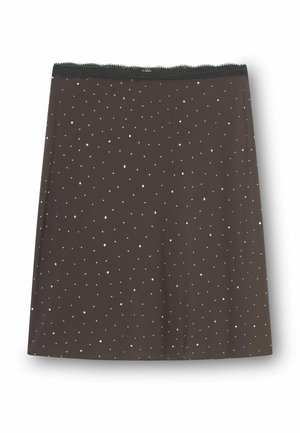 Juoda A formos sijonas su mažais baltais taškeliais ir subtiliu juodu nėrinių apvadu ties liemeniu.