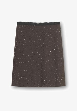 Čierna sukňa do tvaru A s malými bielymi bodkami a jemnou čiernou čipkou na páse.