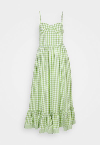 Groene ruitjesjurk met spaghettibandjes, een aansluitend lijfje en een uitlopende rok met een gerimpelde zoom en een ruitjespatroon door het hele ontwerp.