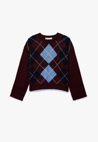 Maglione lavorato a maglia bordeaux con motivo argyle in blu e navy. Collo tondo, maniche lunghe e orlo a coste.