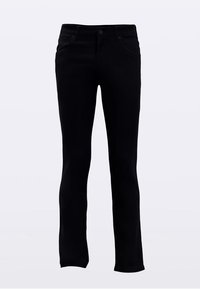 Črne kavbojke iz jeansa s oprijetim krojem, petimi žepi ter klasičnim zapenjanjem na gumb in zadrgo.