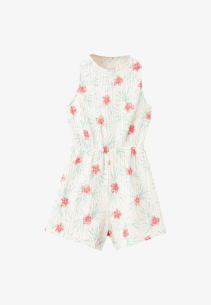 Combinaison à motif floral en blanc avec des fleurs roses et des feuilles vertes. Elle présente un col rond et une taille élastique pour plus de confort.