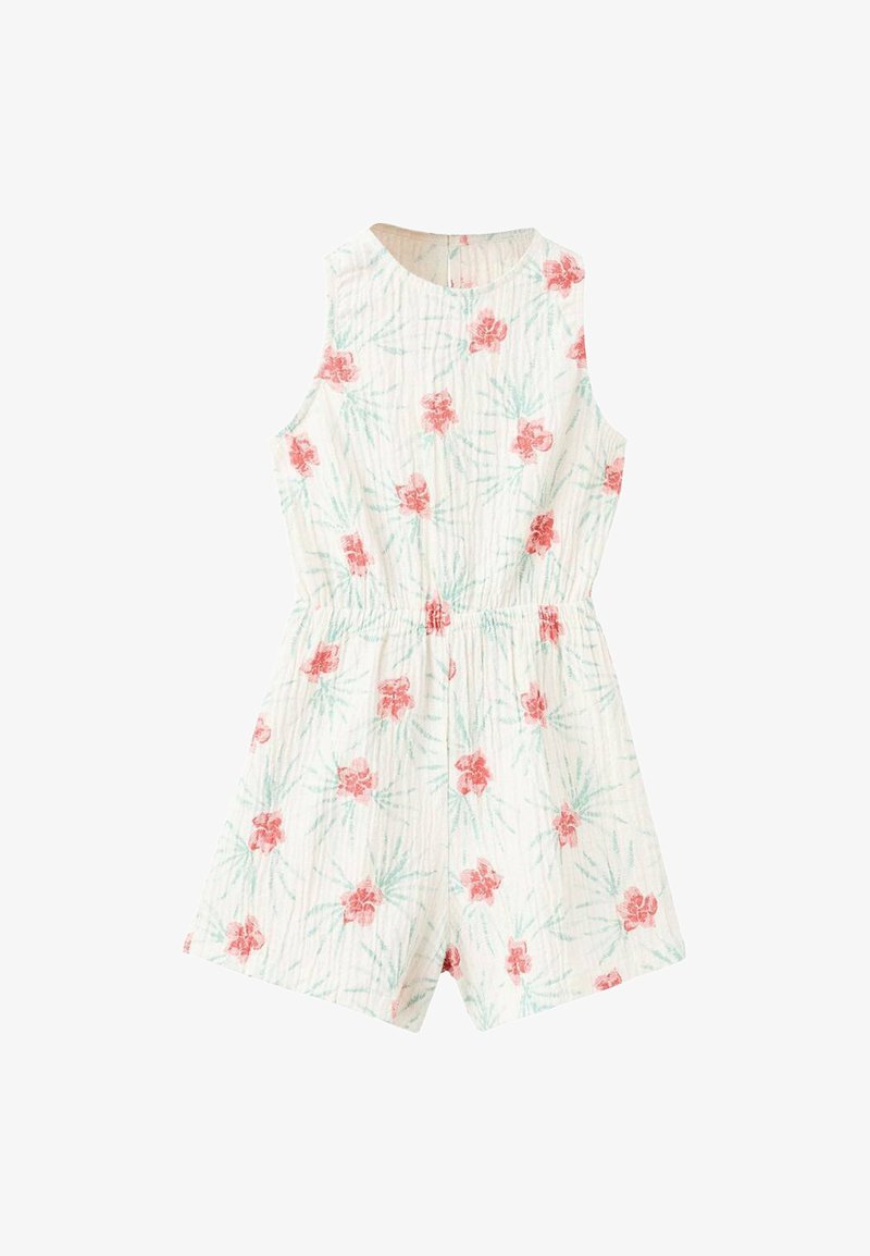 Combinaison à motif floral en blanc avec des fleurs roses et des feuilles vertes. Elle présente un col rond et une taille élastique pour plus de confort.