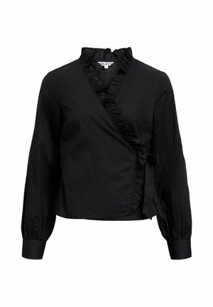 Blusa nera a maniche lunghe con scollo a V arricciato e polsini, legata di lato, realizzata in tessuto morbido.
