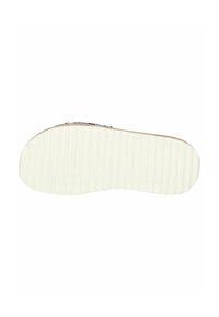 Witte rubberen zool met een gestructureerd, geribbelde patroon voor grip. Licht gebogen vorm bij de teen met gladde randen.