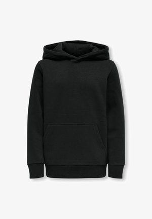 Hoodie noir en mélange de coton, avec une poche kangourou à l'avant, des poignets côtelés et une capuche à cordon de serrage. Texture douce avec une finition lisse.