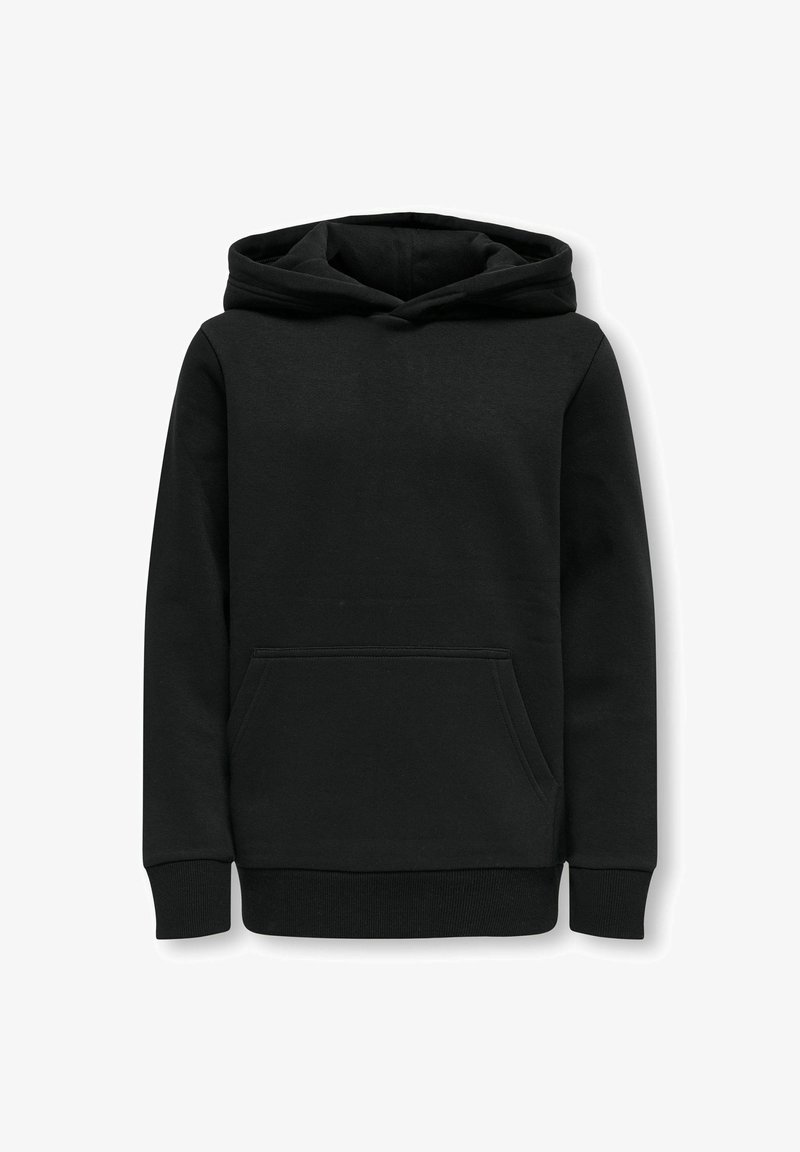 Sudadera negra de mezcla de algodón, con un bolsillo estilo canguro en la parte frontal, puños de canalé y capucha con cordón. Textura suave con un acabado liso.