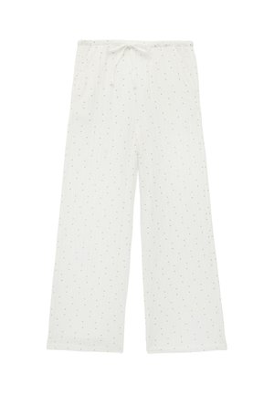 Hvide løse bukser med små farverige prikker, elastisk talje og en hvid snor foran.