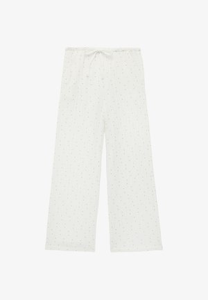 Hvide løse bukser med små farverige prikker, elastisk talje og en hvid snor foran.