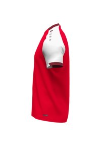 Camicia a maniche corte rossa e bianca con tre bottoni e colletto a contrasto. Realizzata in tessuto liscio, con logo sulla manica.