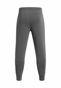 Gray jogger pants with a tapered fit, elastic waistband, and textured knee patches, featuring ribbed cuffs at the ankles.