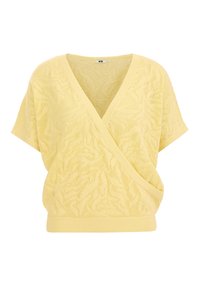 Gul stickad tröja med V-ringning och korta ärmar. Har ett strukturerat mönster och en lös passform, avslutad med en ribbad fåll.