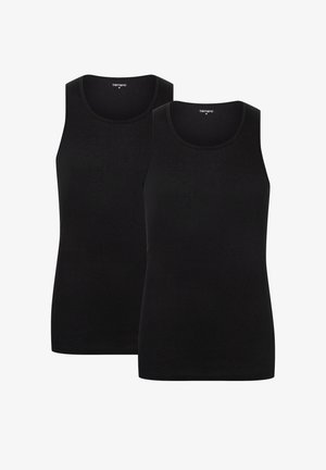 Dwa czarne podkoszulki z gładkiego, elastycznego materiału. Każda z nich posiada okrągły dekolt i brak rękawów, zaprojektowane z myślą o komforcie i swobodzie ruchów.