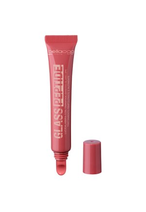 Tubetto di gloss labbra rosa Bella Oggi Glass Peptide con tappo aperto e punta dell'applicatore visibile su sfondo bianco.