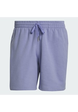 Lila Baumwollmischung-Shorts mit einem elastischen Bund, verstellbarem Kordelzug, Seitentaschen und einer entspannten Passform; glatte Textur.