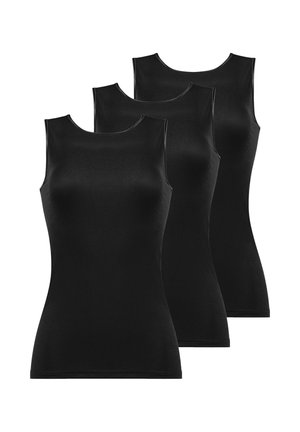 Drei schwarze ärmellose, eng anliegende Tanktops, die in einer versetzten Formation auf einem weißen Hintergrund angeordnet sind.