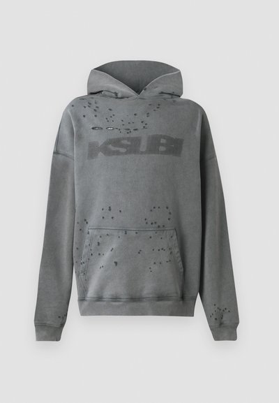 Gray hoodie with a front pocket, featuring a tonal logo and scattered distressed detailing. Soft fabric with a relaxed fit and drawstring hood.